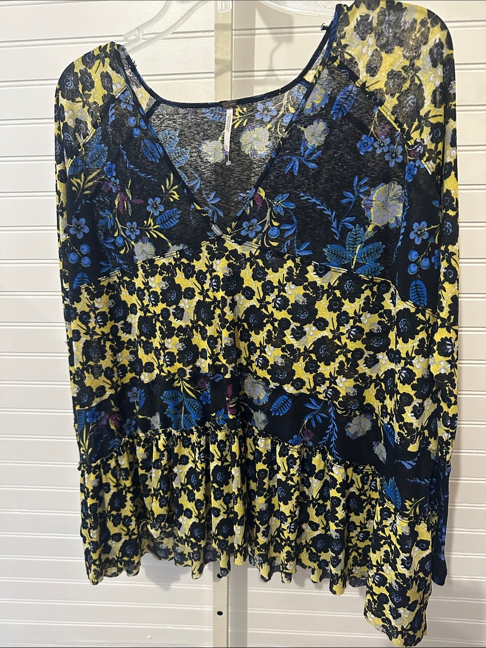 Free People Floral V-Neck Long Sleeve Top in Yellow and Blue boho tunic XS